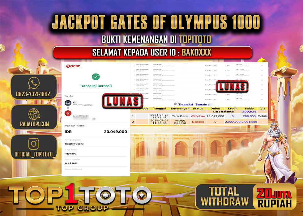 TOP1TOTO JACKPOT SLOT GATES OF OLYMPUS1000 Rp.20.000.000,- LUNAS