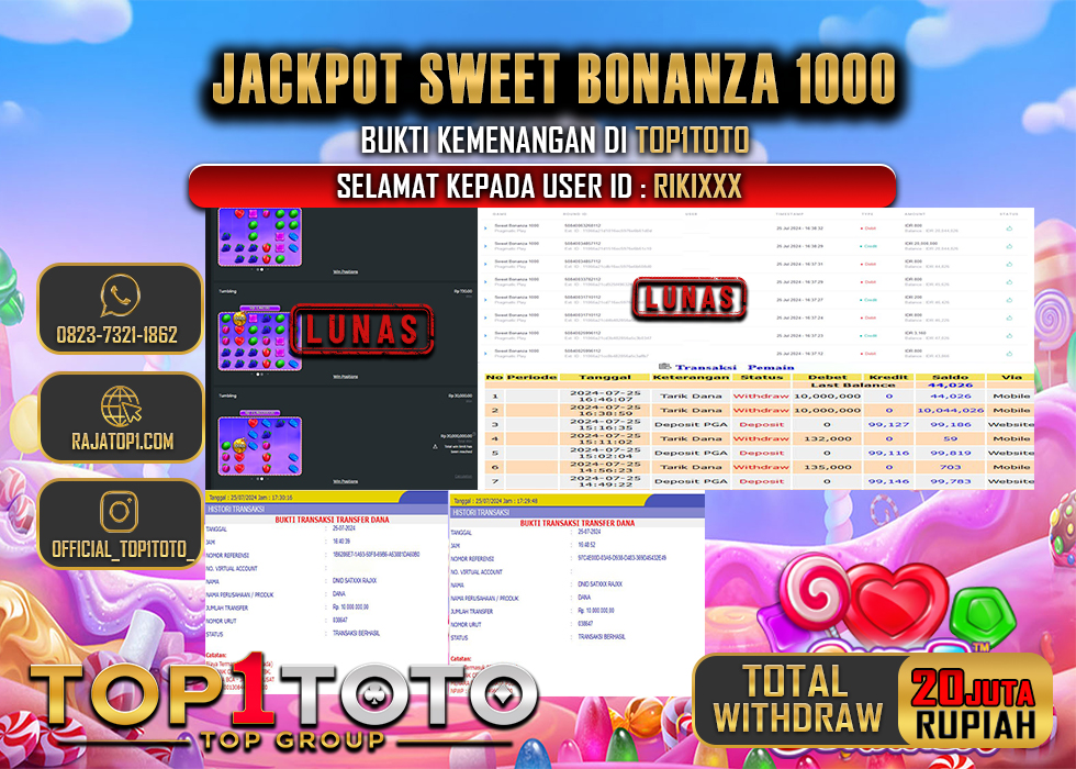 TOP1TOTO JACKPOT SLOT SWEET BONANZA 1000 Rp.20.000.000,- LUNAS
