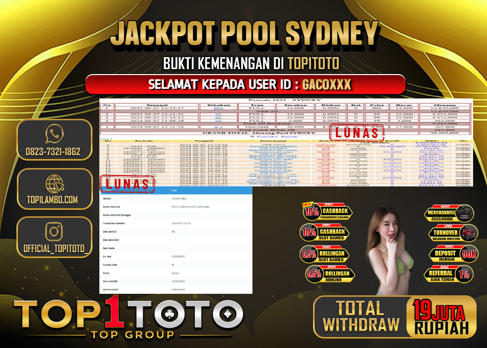 TOP1TOTO JACKP0T TOGEL POOL SYDNEY RP 19.000.000,- LUNAS	