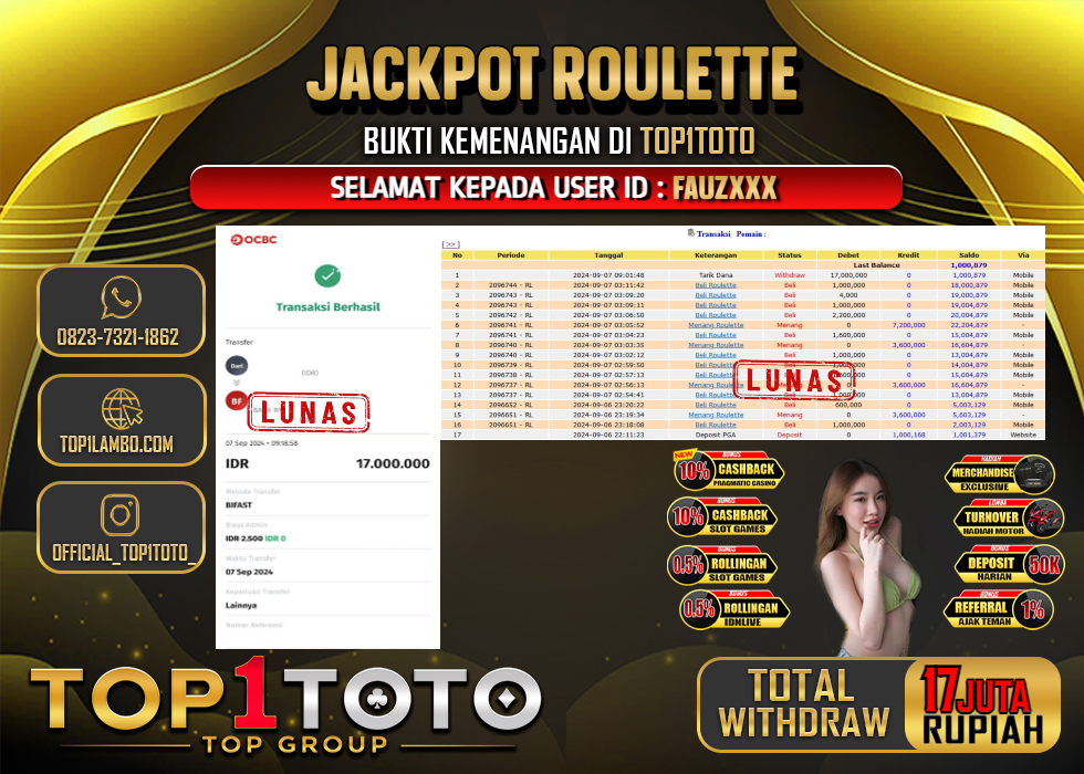 TOP1TOTO JACKPOT CASINO ROULETTE RP.17.000.000 - LUNAS	