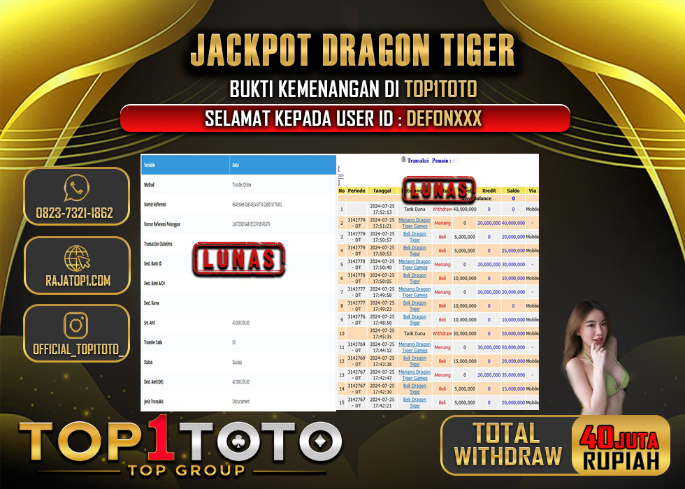 TOP1TOTO JACKPOT SLOT DRAGON TIGER Rp.40.000.000,- LUNAS