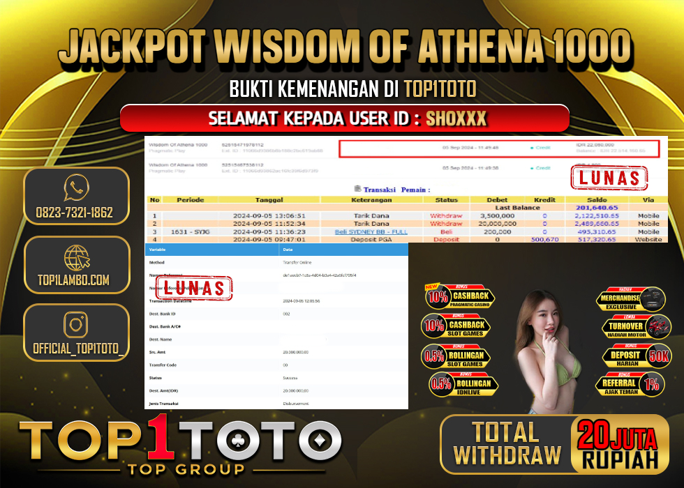 TOP1TOTO JACKPOT  SLOT WISDOM OF ATHENA 1000 RP.20.000.000 - LUNAS