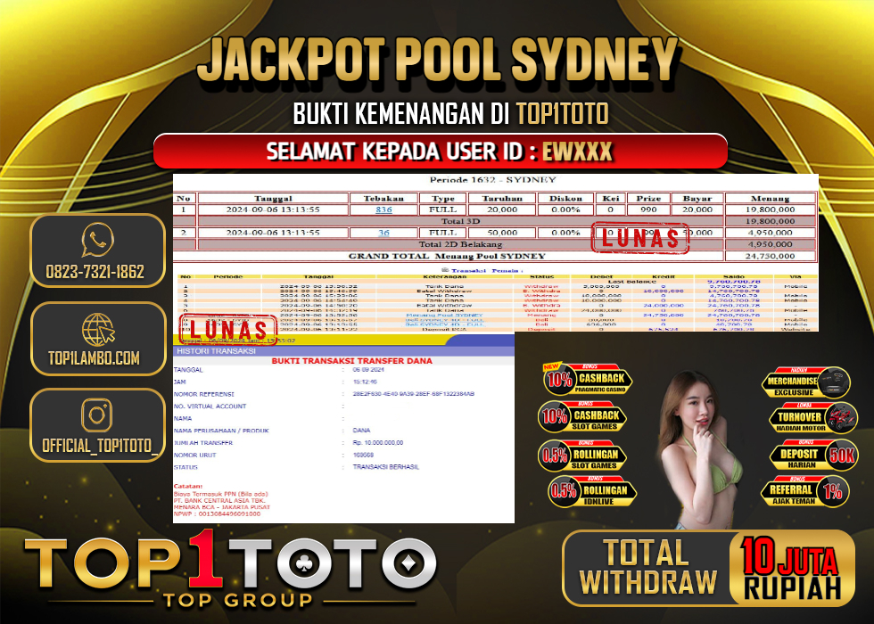 TOP1TOTO JACKP0T TOGEL POOL SYDNEY RP 10.000.000,- LUNAS